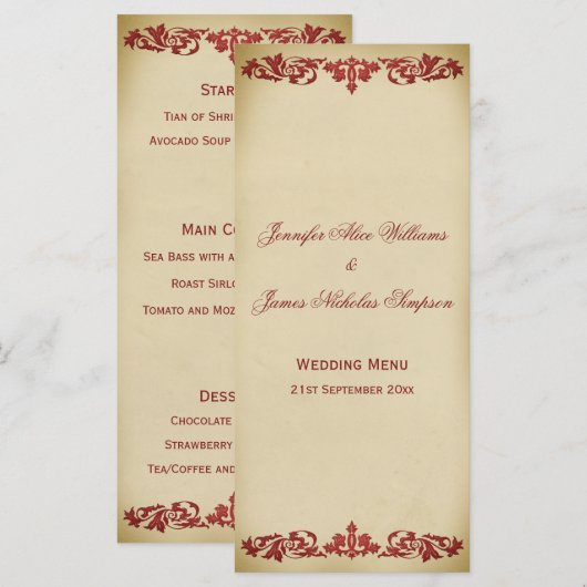 Trouwmenu Leaf Scroll in Bourgondië Menu (Voorkant / Achterkant)