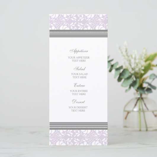 Trouwmenu Lila grijs Damask Menu (Staand voorkant)