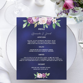 Trouwmenu marineblauw violet bloemen