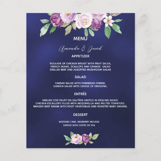 Trouwmenu marineblauw violet bloemen (Voorkant)