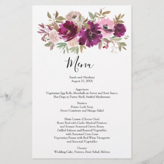 Trouwmenu Menu's Waterverf Paarse Bloemen (Voorkant)