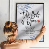 Trouwmenu met blauwe bladeren 'De bar is open' dra Poster