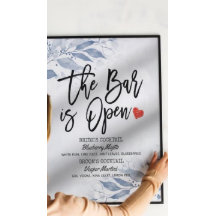 Trouwmenu met blauwe bladeren 'De bar is open' dra