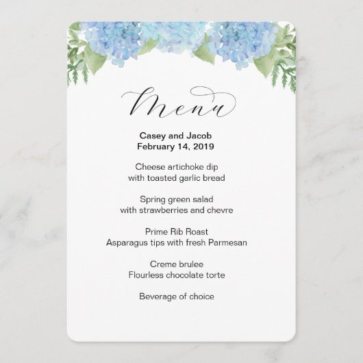 Trouwmenu met blauwe bloemige hortensia's menu (Voorkant)