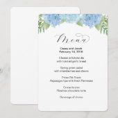 Trouwmenu met blauwe bloemige hortensia's menu (Voorkant / Achterkant)