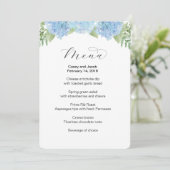 Trouwmenu met blauwe bloemige hortensia's menu (Staand voorkant)