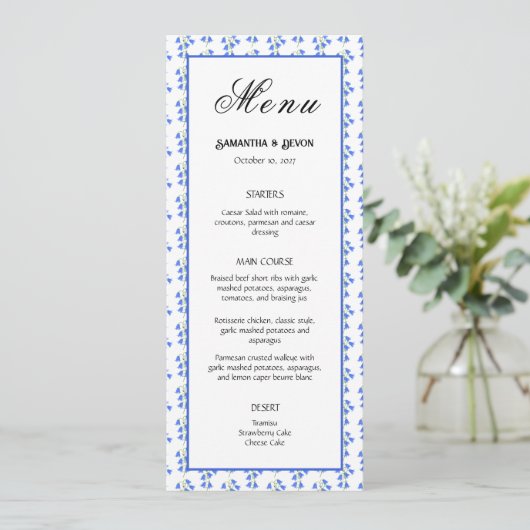 Trouwmenu met Blauwe Klokjes Menu (Staand voorkant)