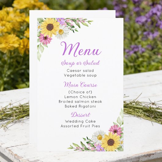 Trouwmenu met bloemen Zonnebloem Madeliefje