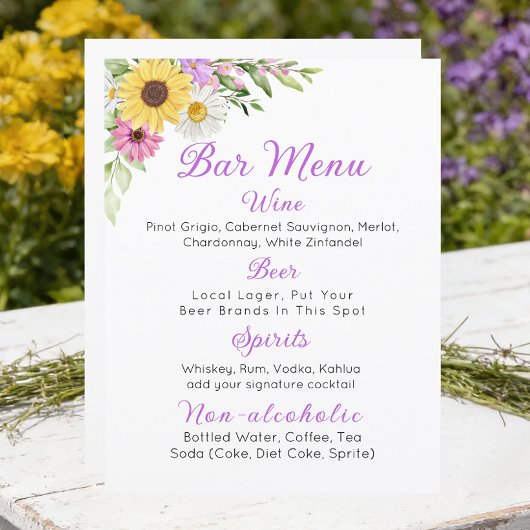 Trouwmenu met bloemen Zonnebloem Madeliefje Bar Me
