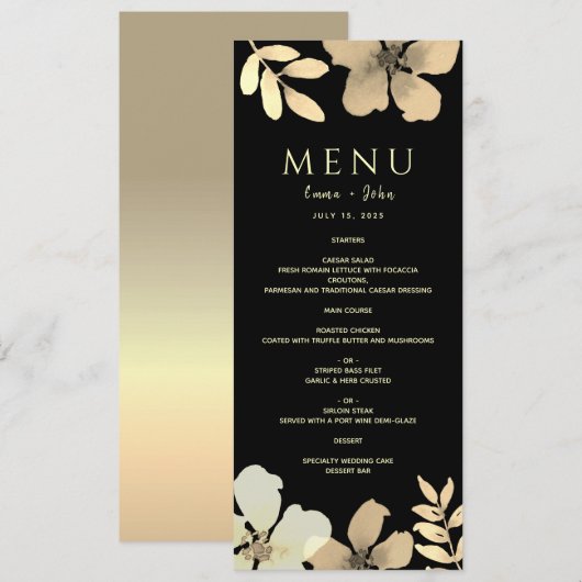 Trouwmenu met bloemengoud en zwart menu (Voorkant / Achterkant)