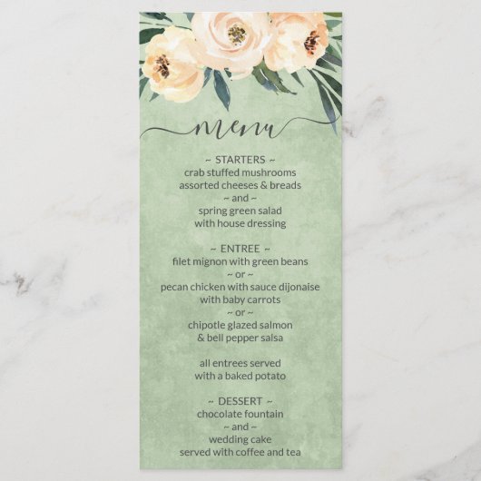 Trouwmenu met bloemmotief Beige Blush Saliegroen Menu (Voorkant)