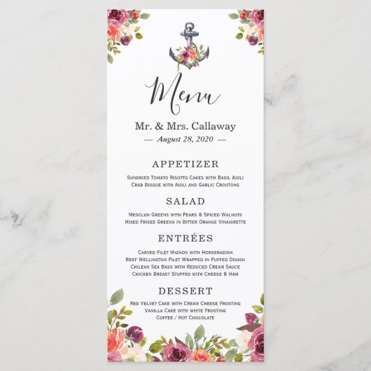 Trouwmenu met bloemmotief en scheepsanker menu (Voorkant)