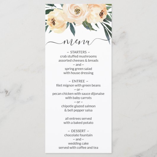 Trouwmenu met bloemmotief in beige roze op wit menu (Voorkant)