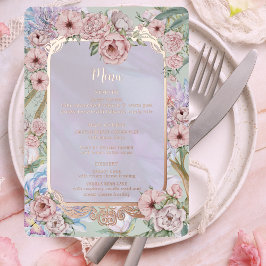 Trouwmenu met folie en vintage lavendel pioen uitnodiging