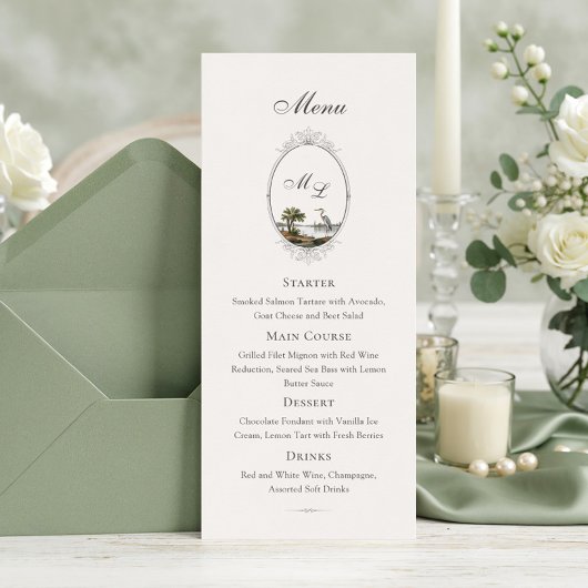 Trouwmenu met Frans landelijk monogram uit het ver Menu