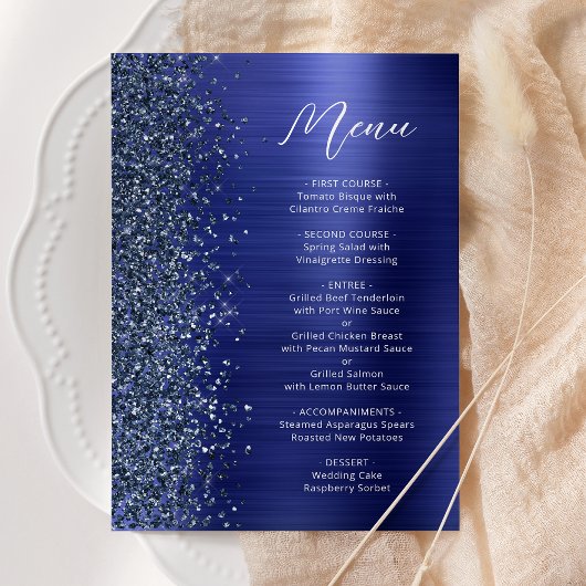 Trouwmenu met Glam Glitter Schrift in Marineblauw Menu