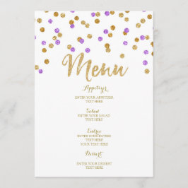 Trouwmenu met gouden paarse confetti menu