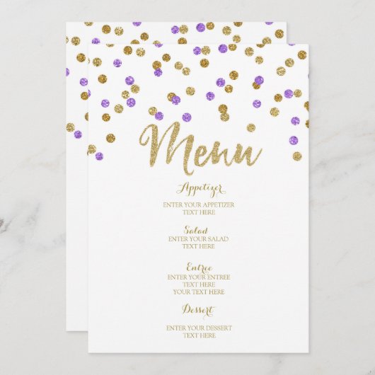 Trouwmenu met gouden paarse confetti menu (Voorkant / Achterkant)