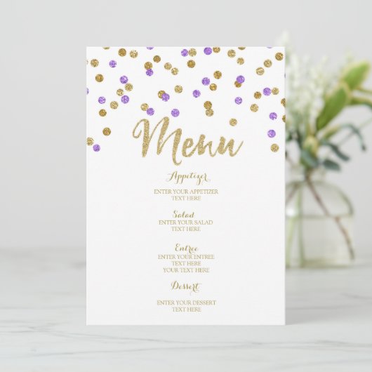 Trouwmenu met gouden paarse confetti menu (Staand voorkant)