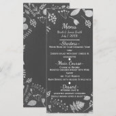 Trouwmenu met houtskoolgrijs & zilveren bloemmotie menu (Voorkant / Achterkant)