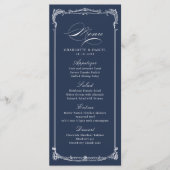 Trouwmenu met klassiek script in marineblauwe vint menu (Voorkant)