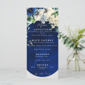 Trouwmenu met marineblauw bloemmotief menu (Staand voorkant)