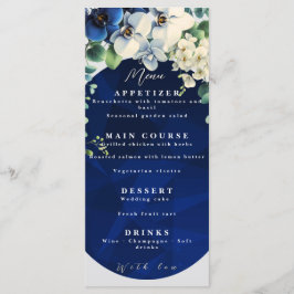 Trouwmenu met marineblauw bloemmotief menu