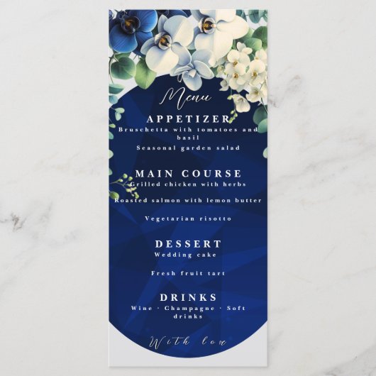 Trouwmenu met marineblauw bloemmotief menu (Voorkant)