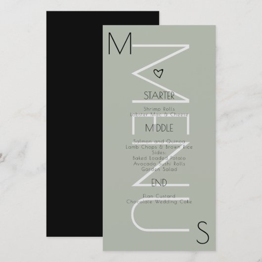 Trouwmenu met monogram Hart Sage (Voorkant / Achterkant)
