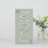 Trouwmenu met monogram Hart Sage (Staand voorkant)