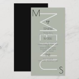 Trouwmenu met monogram Hart Sage