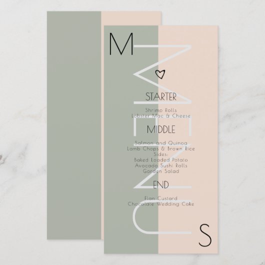 Trouwmenu met monogram Hart Salie Roze (Voorkant / Achterkant)