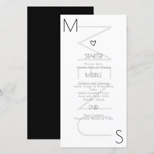 Trouwmenu met monogram Hart Zwart Wit