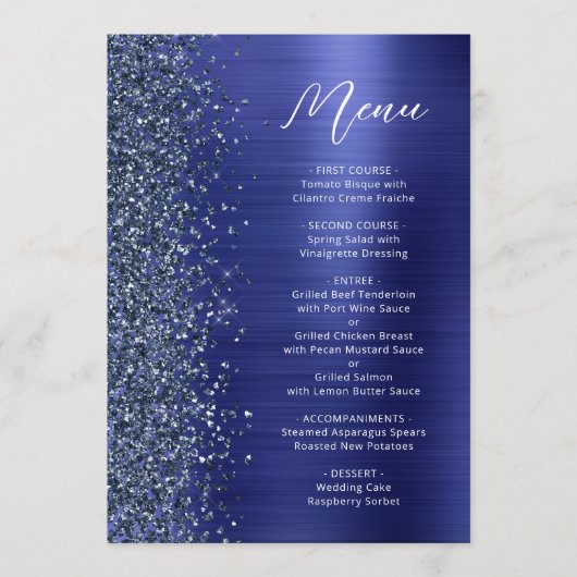 Trouwmenu met Navy Blauwe Glam Glitter Script Menu (Voorkant)