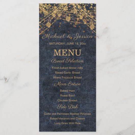Trouwmenu met Navy Blauwe Gouden Sliertverlichting Menu (Voorkant)