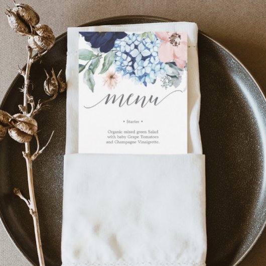 Trouwmenu met Navy Blooms of Bruiloftsmenu Kaart
