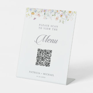 Trouwmenu met QR-code in de stijl van een grillige Reclamebord Met Voetstuk