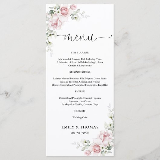 Trouwmenu met Roze Rozen Menu (Voorkant)