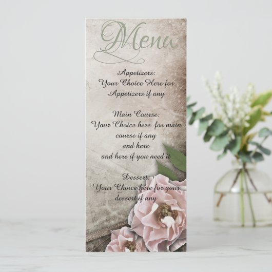 Trouwmenu met roze rozen uit grootmoeders tijd kaart (Staand voorkant)