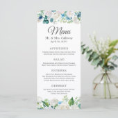 Trouwmenu met saliegroen blauwe pioen menu (Staand voorkant)