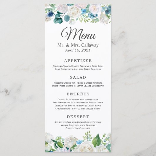 Trouwmenu met saliegroen blauwe pioen menu (Voorkant)