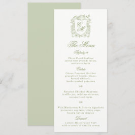 Trouwmenu met saliegroene monogram en familiewapen kaart