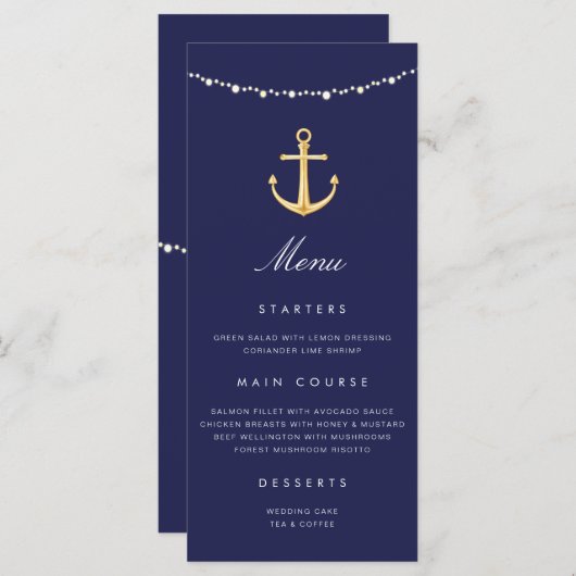 Trouwmenu met scheepsanker en marineblauw goud menu (Voorkant / Achterkant)