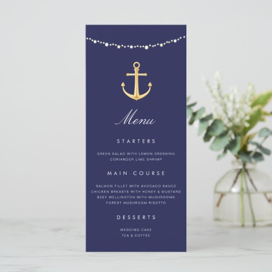 Trouwmenu met scheepsanker en marineblauw goud menu (Staand voorkant)
