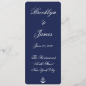 Trouwmenu met scheepvaartthema in marineblauw op m menu (Achterkant)