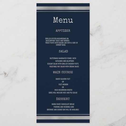 Trouwmenu met typemachinelettertype in marineblauw programmakaart (Voorkant)