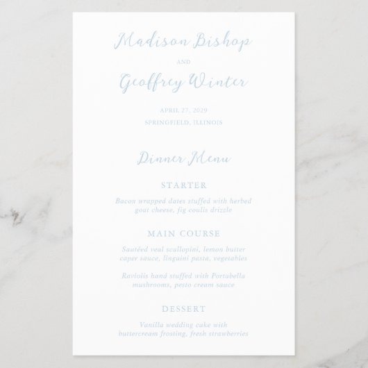 Trouwmenu met Vet Script Poederblauw Budget Flyer (Voorkant)