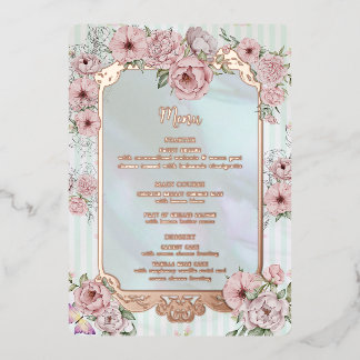 Trouwmenu met vintage aqua pioenrozen in folie uitnodiging