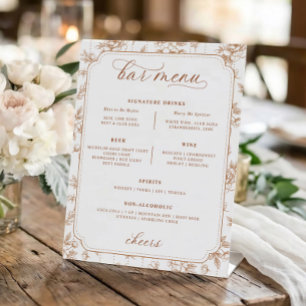 Trouwmenu met vintage bloemen en oranje toile reclamebord met voetstuk
