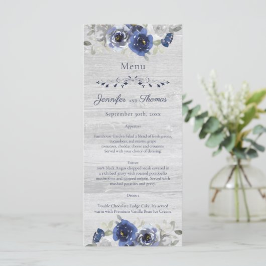 Trouwmenu met waterverf bloemen in marineblauw en  menu (Staand voorkant)